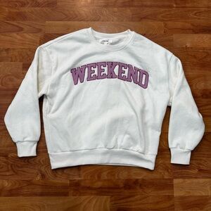 Pink Rose White “WEEKEND” Knitted Embroidered Sweatshirt Women’s Size Small